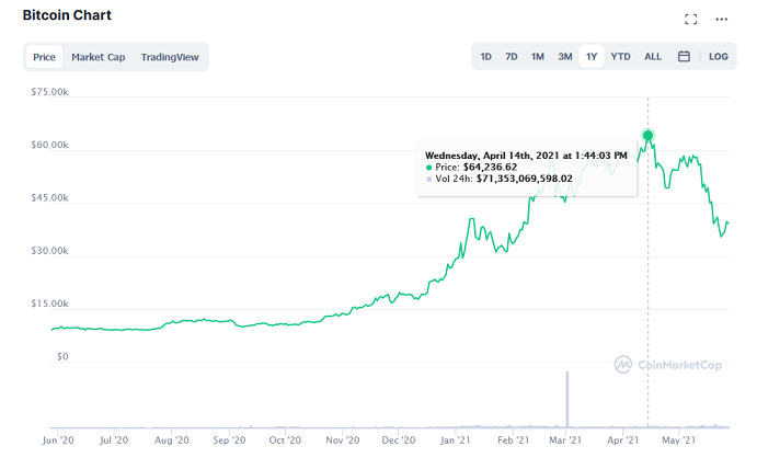Bitcoin price chart from January 2020 to May 2021