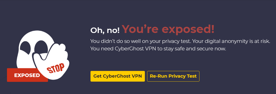 Screenshot: CyberGhost VPN Privacy Test Results: Exposed