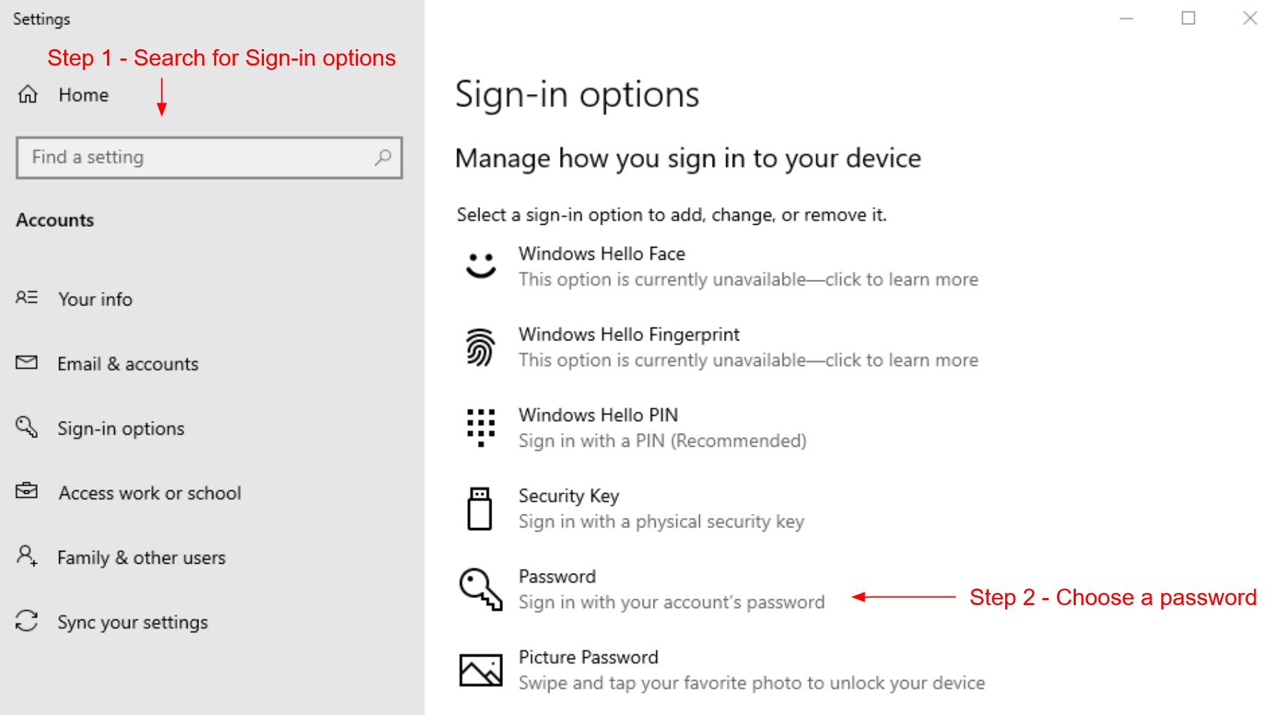 Windows sign-in options.