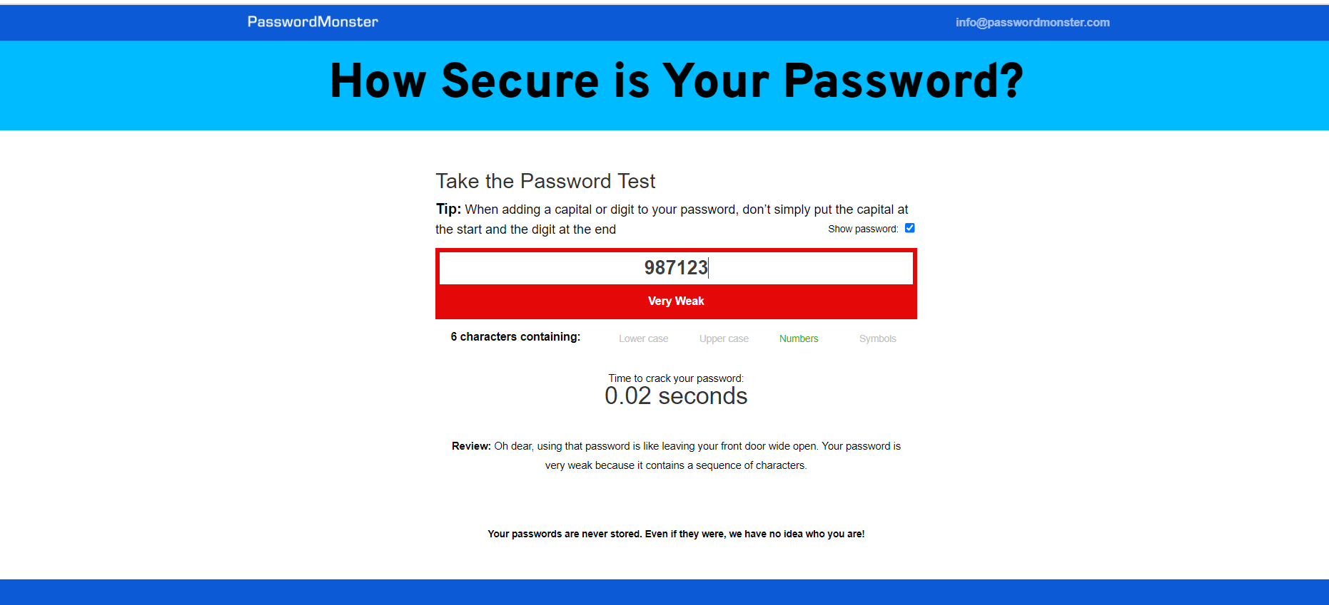 Screenshot of PasswordMonster with a weak password example