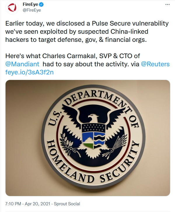 FireEye tweet about Pulse Secure vulnerability.