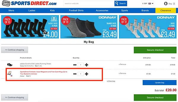 While checking out running shoes from the sportsdirect.com website a magazine is added of an additional pound bringing the total to be paid from 19 to 20.
