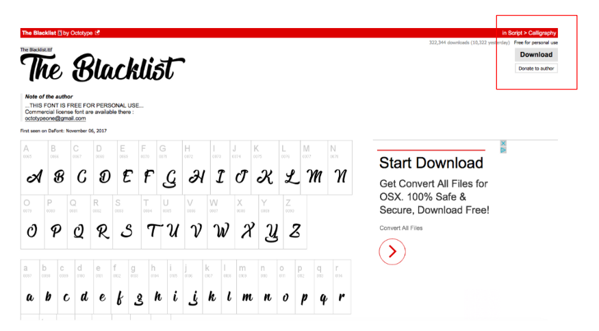 A website named The Blacklist sells a font online. The Start Download ad is misleading since it is placed right next to the font. The correct download button is at the top right and much smaller in size. 