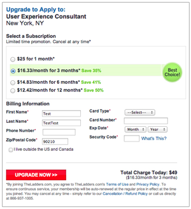 a website shows a selection of subscriptions. The cost for one month is $25. The customer selected the $16.33 per month option to save 35% labelled as the best choice. Billing information is requested . In the fine print, they mentioned that the subscription will be auto-renewed at the regular price.