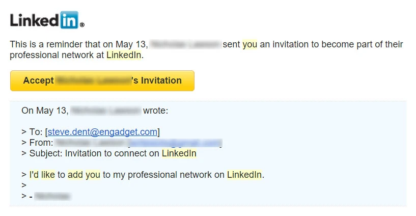 an email includes the LinkedIn logo reminder a recipient that a friend sent them an invitation to join the professional network. personal detail content is hidden.