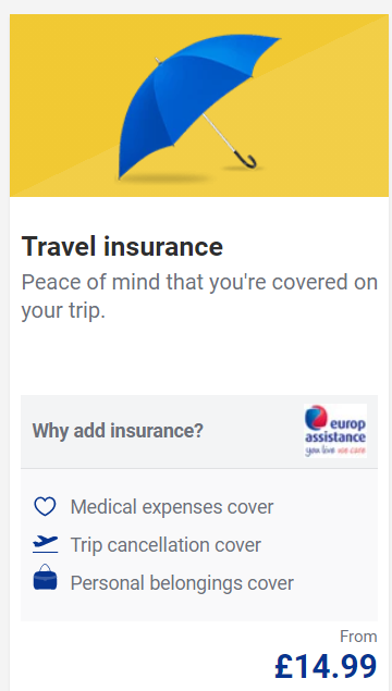 A screenshot from the Ryanair website offering Travel insurance. The cost is also clearly written.