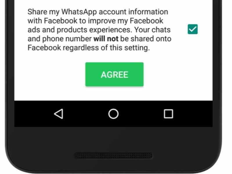 A screen shows a ticked box next to a clause allowing WhatsApp to share account information with Facebook. An Agree button is at the bottom of the page.