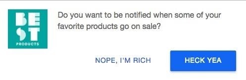 A company asks if a user would like be notified when there are sales. The options are nope, i'm rich and heck yea
