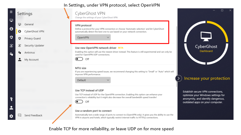Screenshot of CyberGhost VPN’s Desktop app: how to select OpenVPN as your protocol