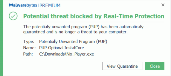 Malwarebytes flagging the adware InstallCore