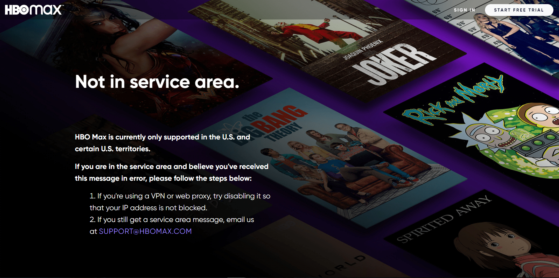 Screenshot of HBO Max Not in Service Area screen