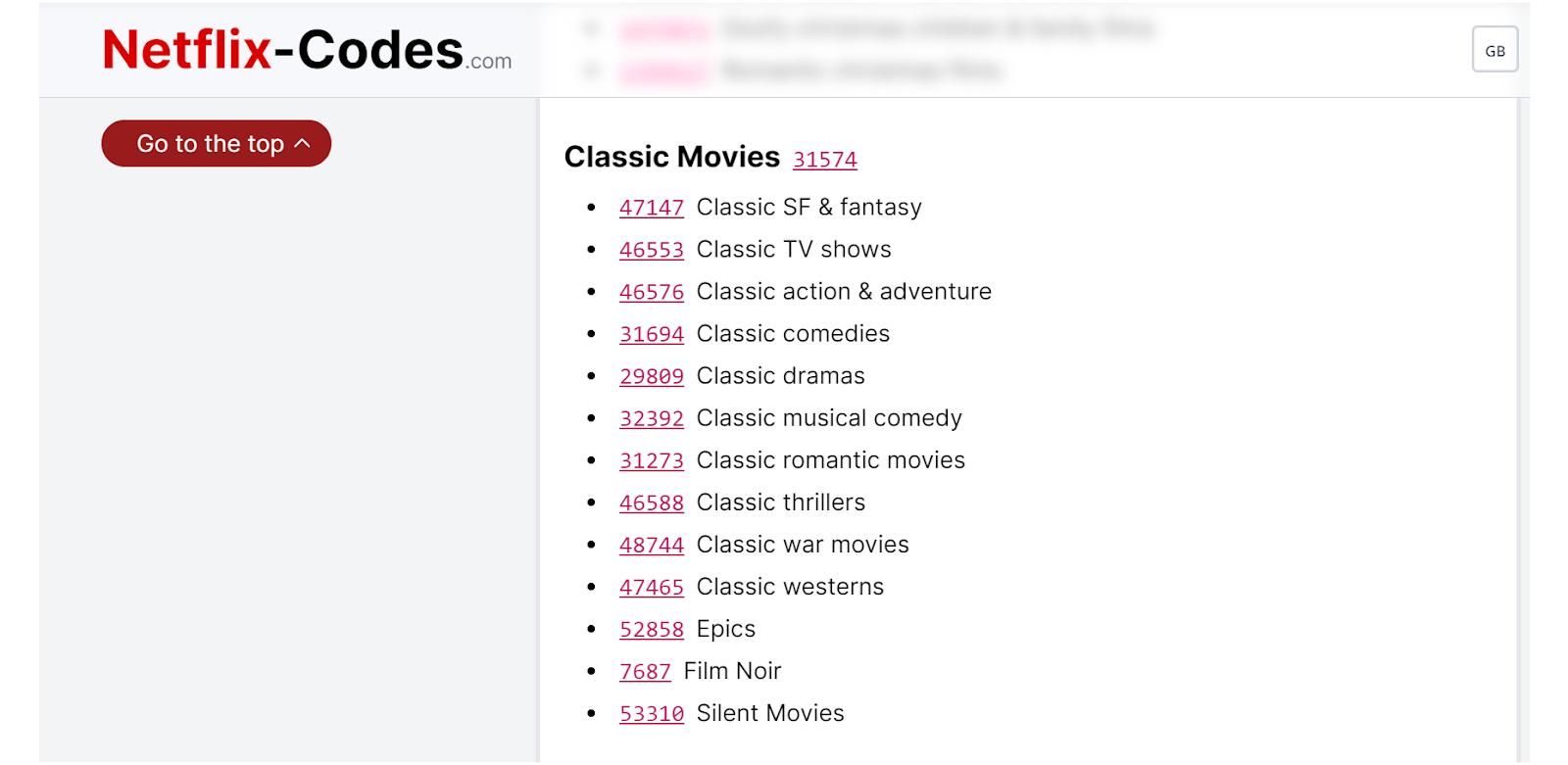 Screenshot of Netflix Codes for classic movies.