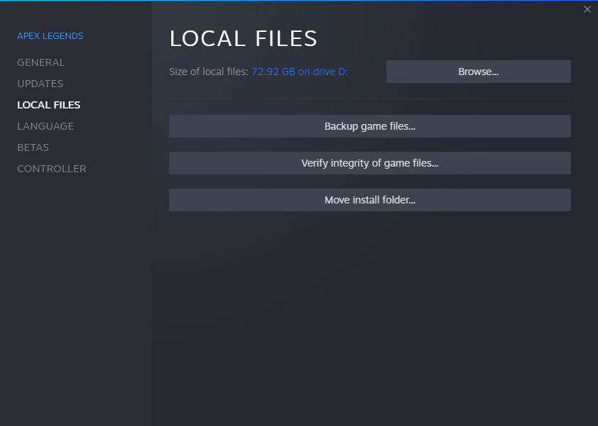 The local files section in the Apex Legends menu settings on Steam