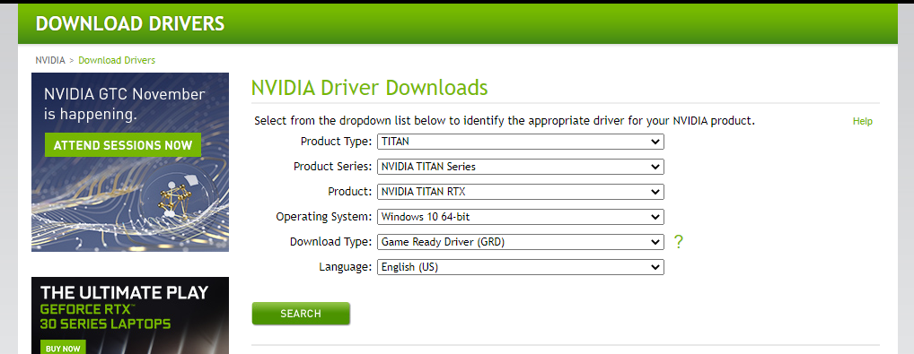 The graphics driver downloads section on Nvidia's website