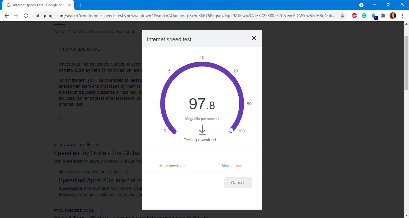 Internet speed test results on Google.