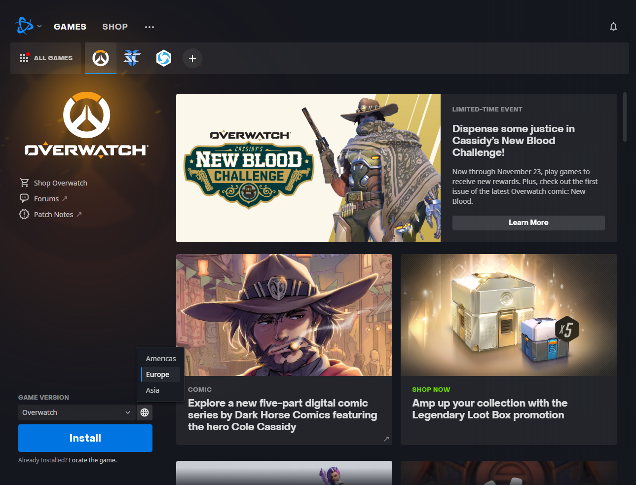 Battle.net launcher showing Overwatch game