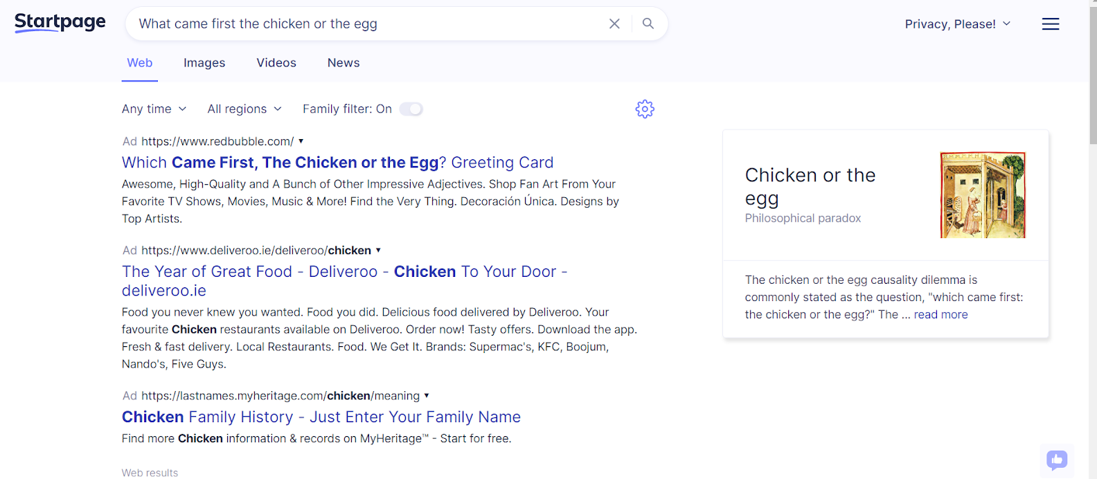 Startpage screenshot showing top search results and a featured snippet.