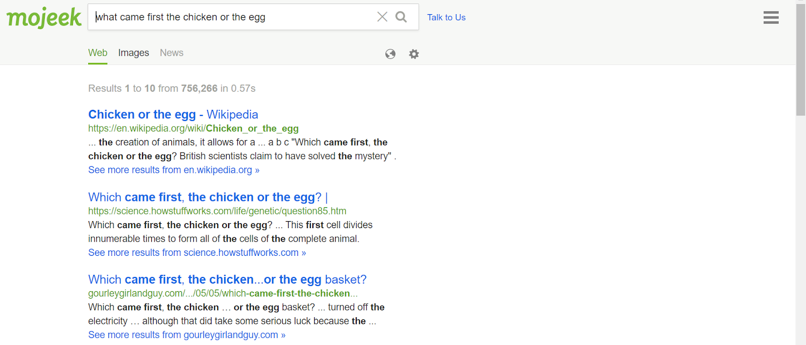 Mojeek screenshot showing top results for “What came first the chicken or the egg”.