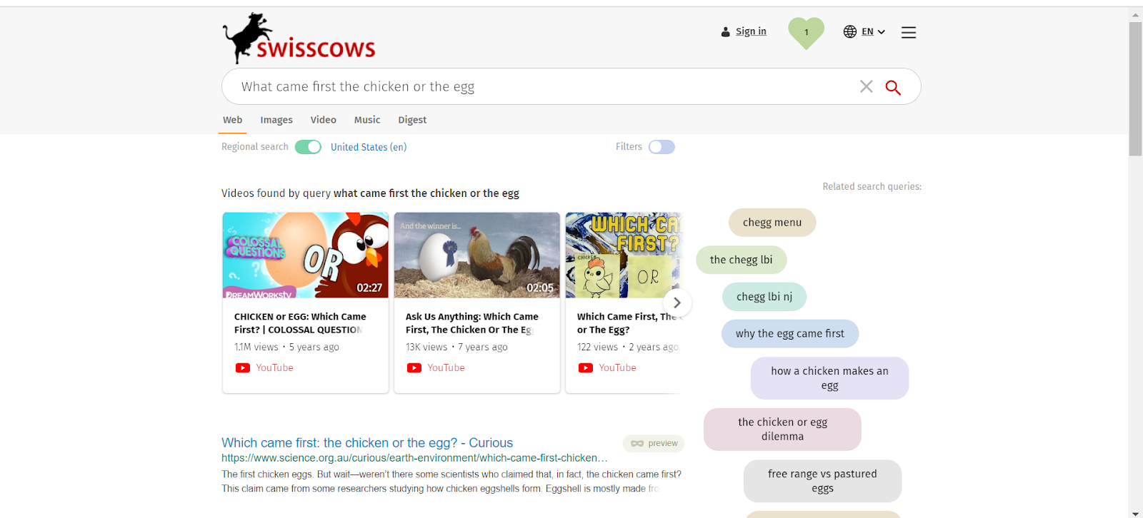 Swisscows screenshot showing top search results and related queries.