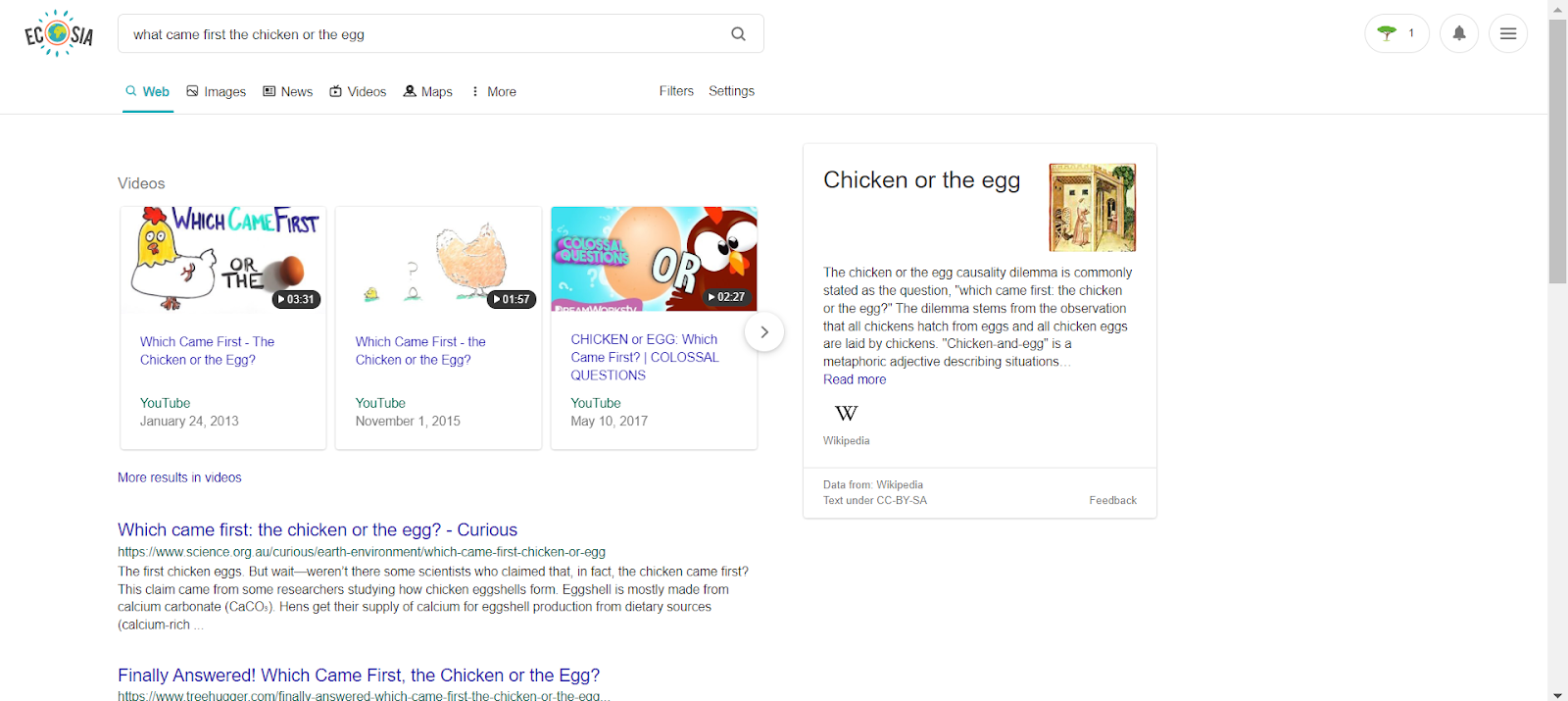 Screenshot showing Ecosia's top search results and a featured snippet.