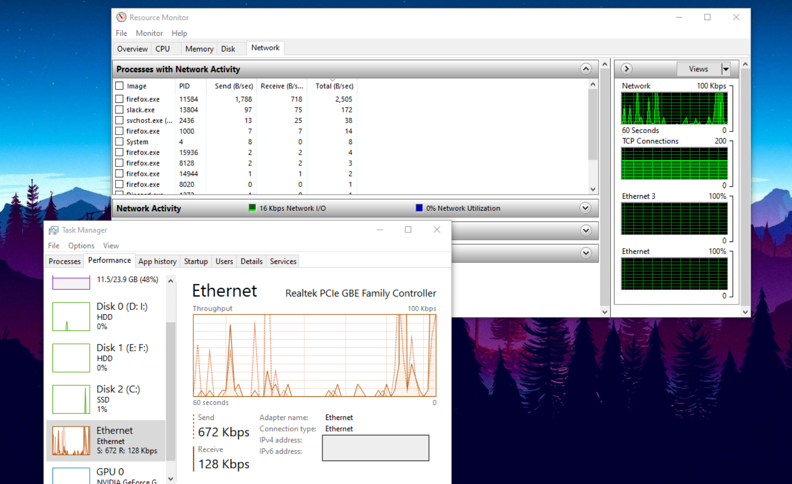 Windows resource monitor and task manager showing network traffic.