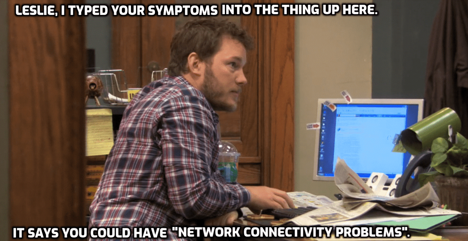 Andy Dwyer from Parks and Recreation comically tries to help Leslie figure out her illness.