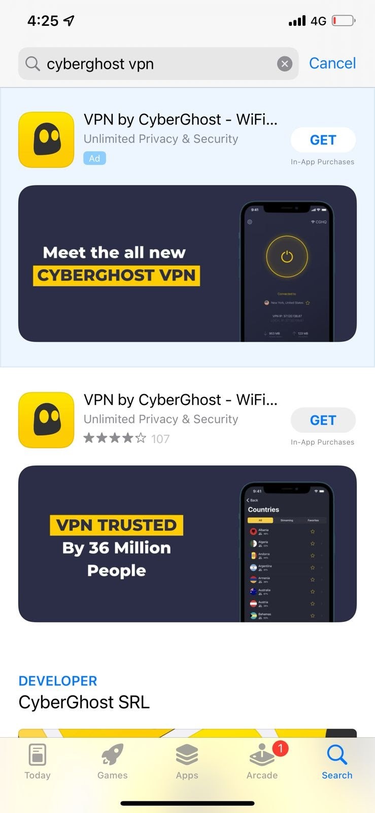  App store displaying CyberGhost VPN iOS app.