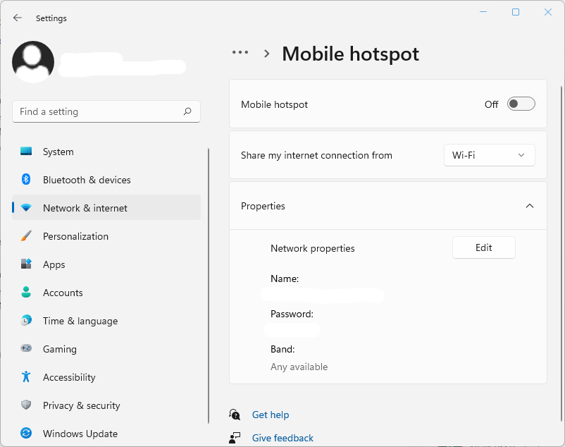 A screenshot of the Mobile Hotspot menu in the Windows Network & internet settings