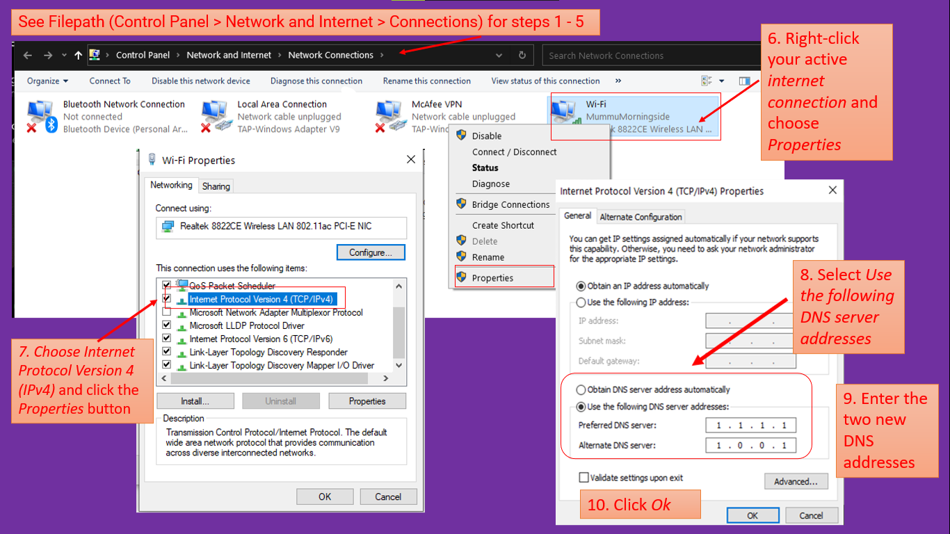Configuration steps to change DNS in Windows 10