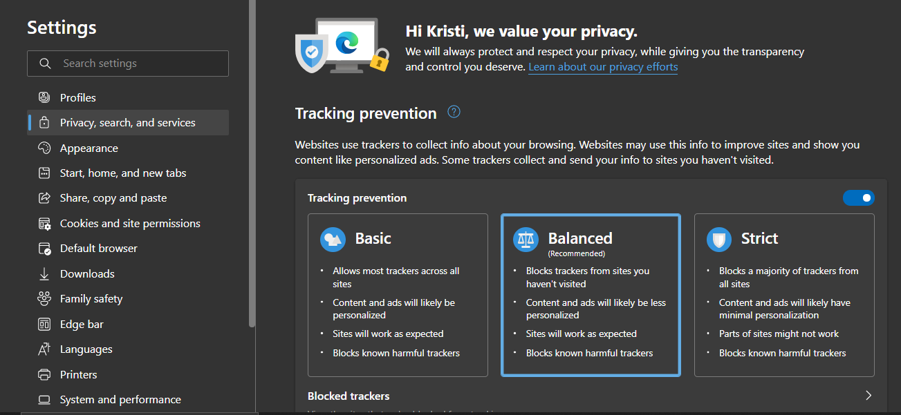 Microsoft Edge's privacy settings