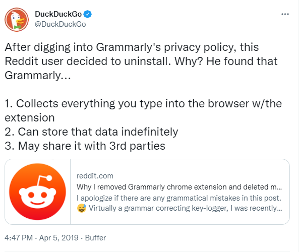 DuckDuckGo reporting on a Reddit user's findings about Grammarly's data collection policies