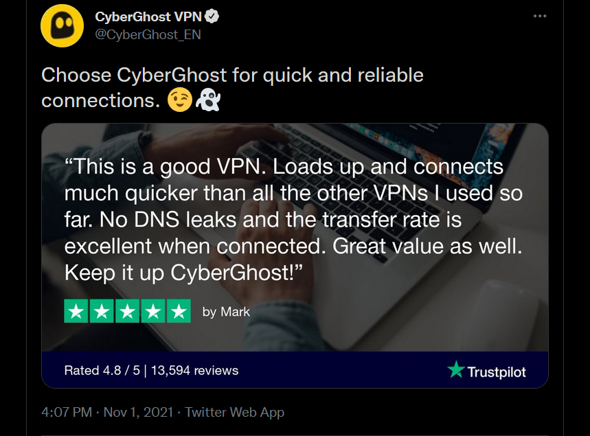 CyberGhost Twitter showing customer testimonial.