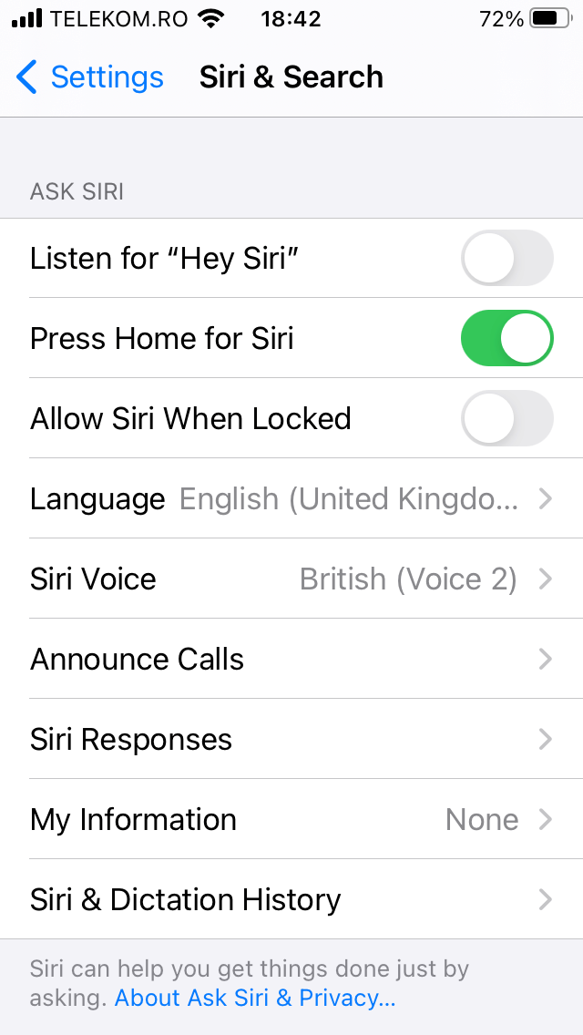 Screenshot of Siri & Search options.