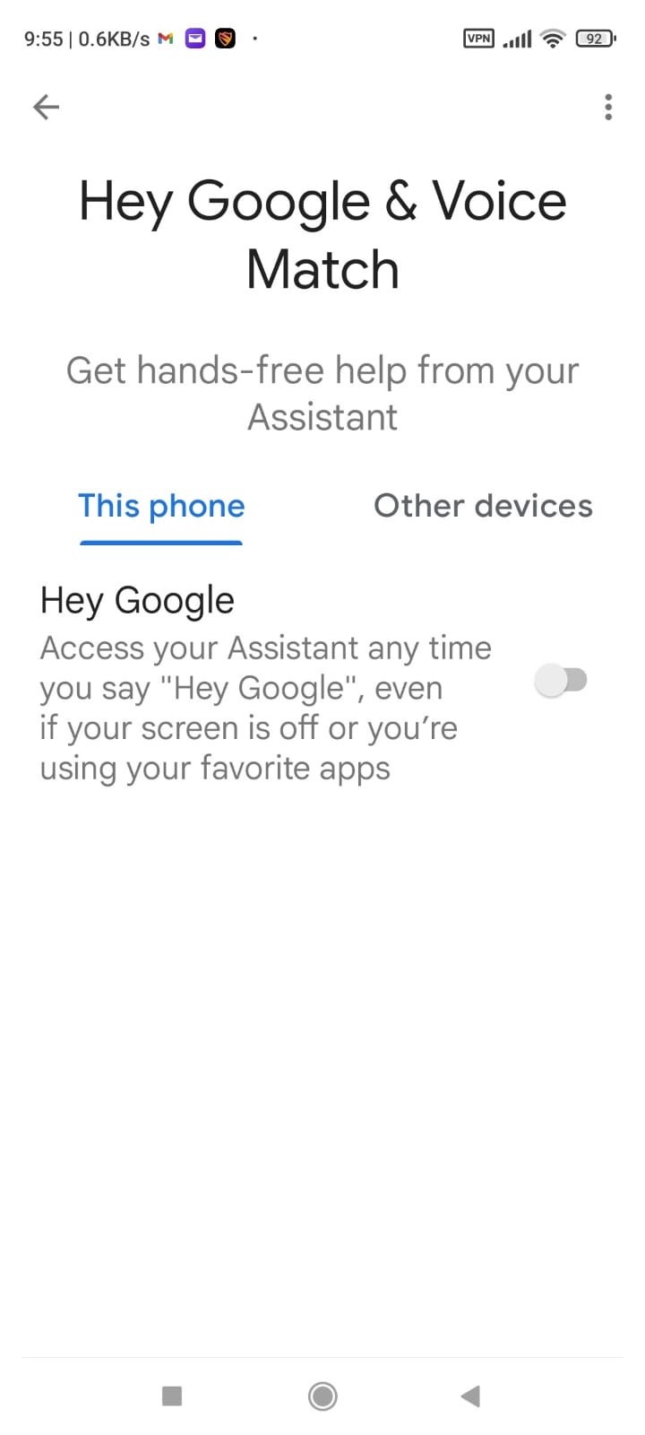 Screenshot of Google & Voice Match.
