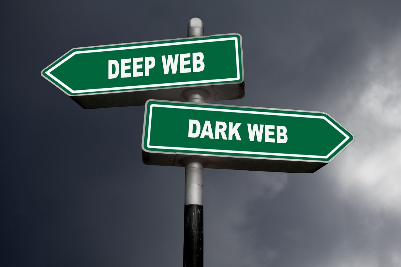 Signboard pointing in opposite directions towards the deep web and dark web.
