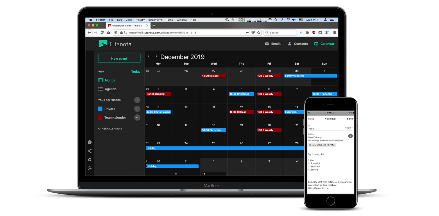 Screenshot of Tutanota desktop calendar and emails on mobile