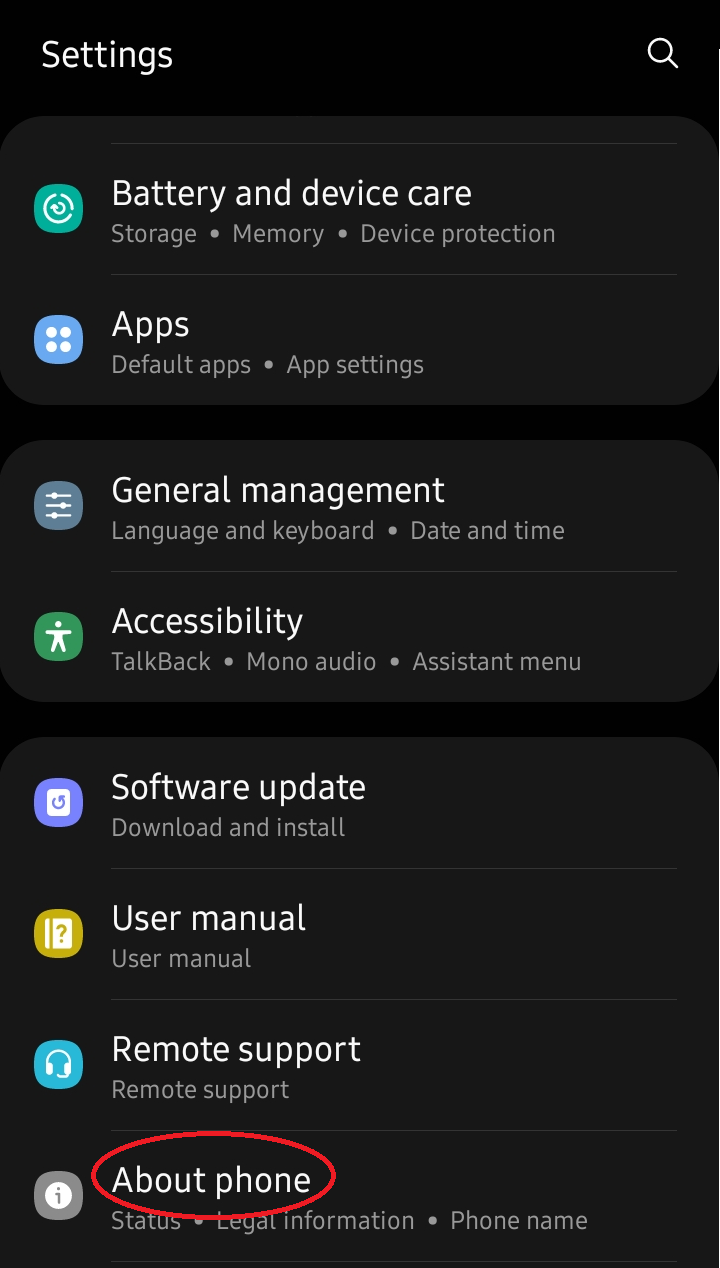 Screenshot of an Android device's main settings menu