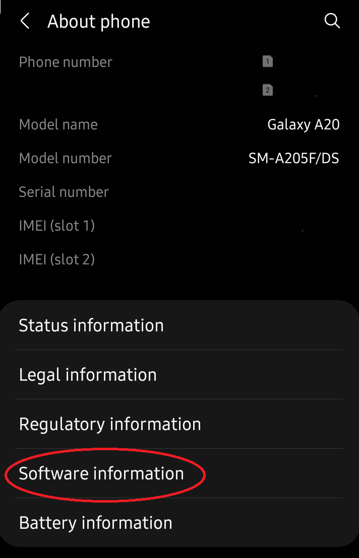 The 'About' screen on a Samsung Galaxy A20